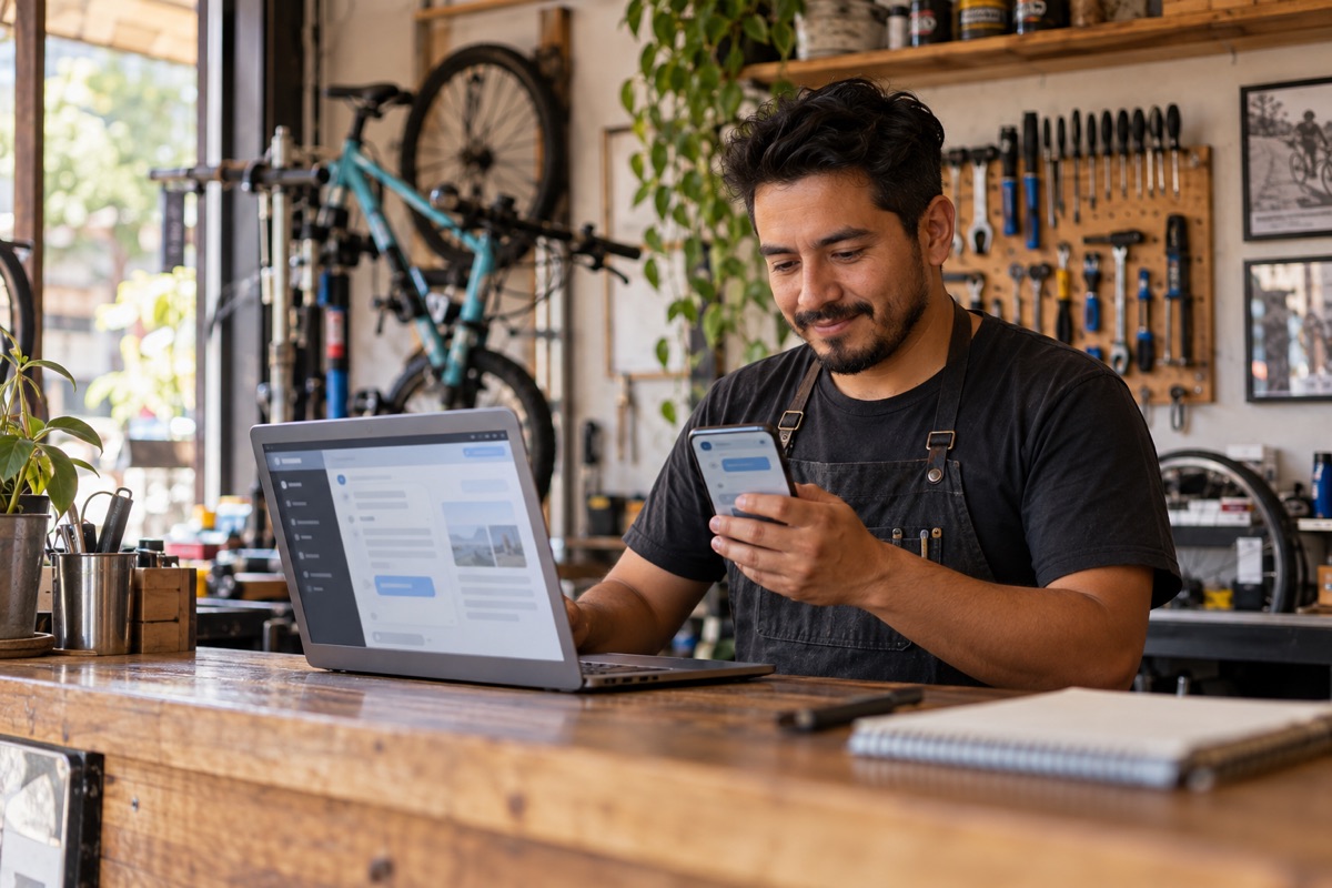 Escena ilustrativa de un comerciante consultando su teléfono junto a una computadora en su taller